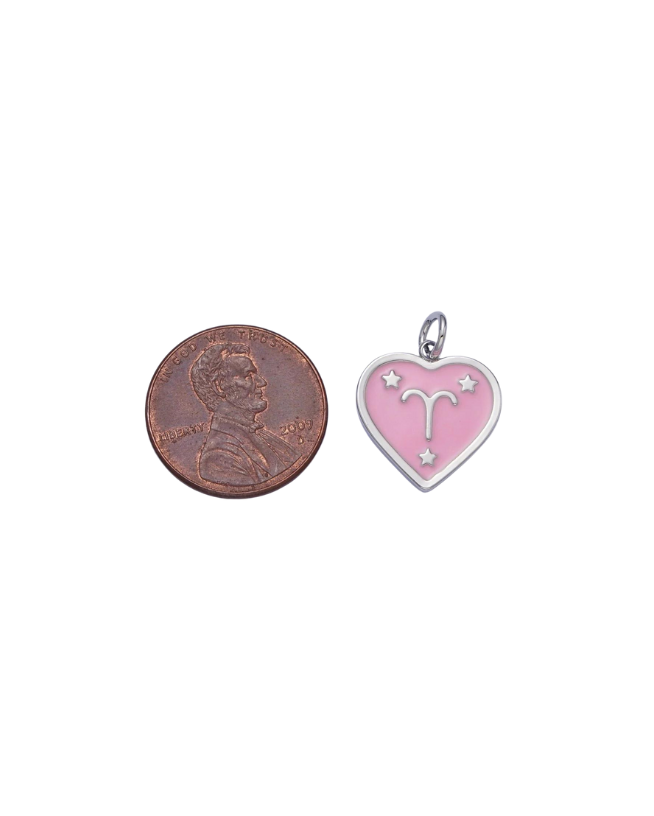 Silver Zodiac Pink Enamel Heart Charm