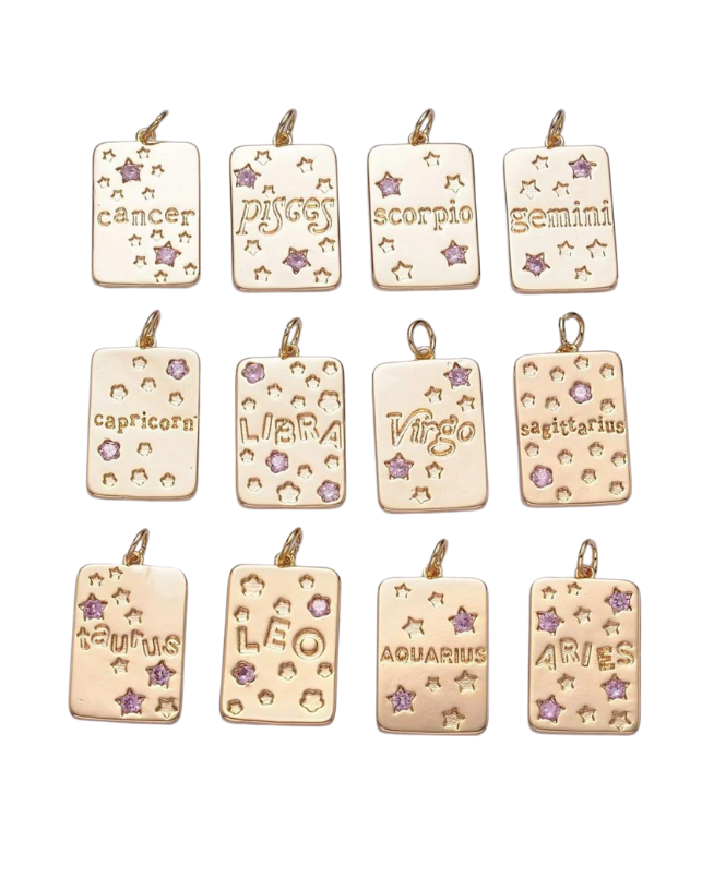 Gold Zodiac Tag with Pink CZ Charm
