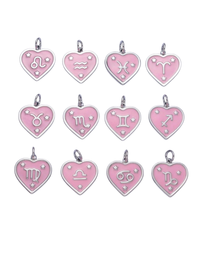 Silver Zodiac Pink Enamel Heart Charm