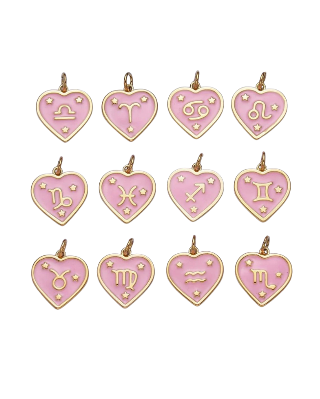 Gold Zodiac Pink Enamel Heart Charm